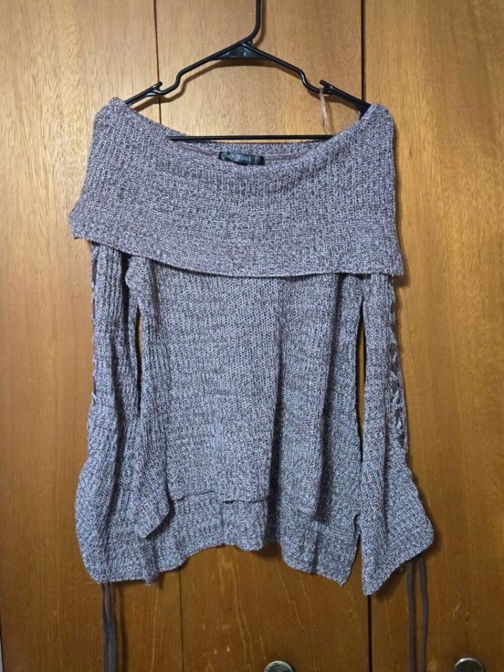 Say What? Brown and White Marled Sweater with Braided Bell Sleeves - Size Small